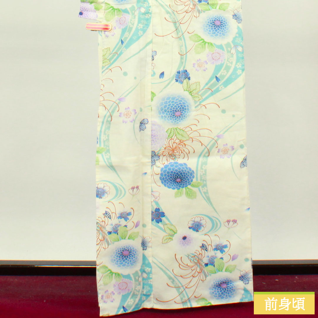 Yukata Cotton Length 164cm Sleeve length 66cm S rank Single layer White Cherry blossom Chrysanthemum 1118004672411