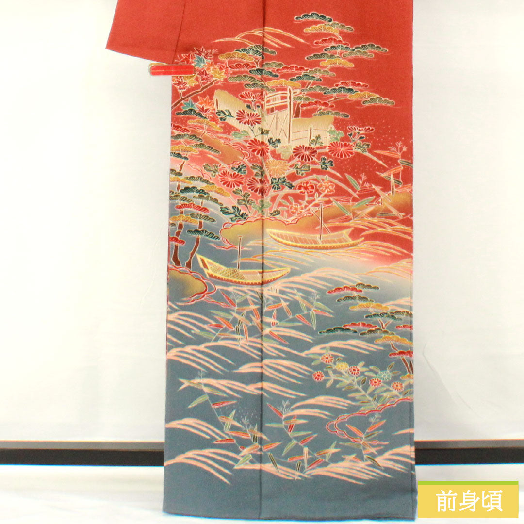 訪問着 正絹 袷 身丈165.5cm 裄丈65cm 弁柄色(べんがらいろ) 京友禅 茶屋辻風景模様 ちりめん地 Aランク 朱系 1112005923516