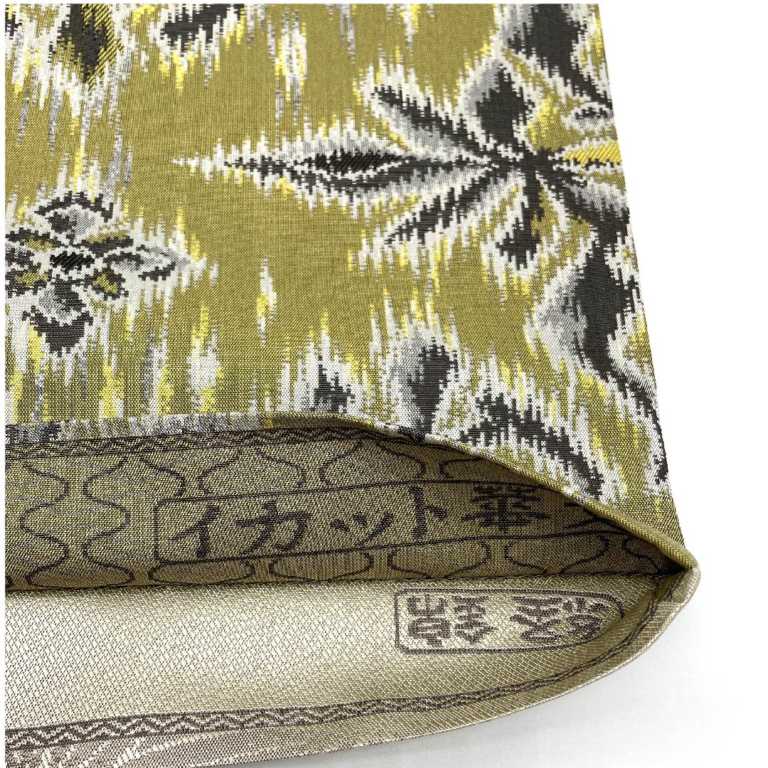 Fukuro obi (sash) in russet leaf color, ikat floral pattern, bamboo leaf pattern, by Ori Kobo Kanae, reversible, obi length 444cm, pure silk, S rank, full length, semi-formal, green, 1123007812319