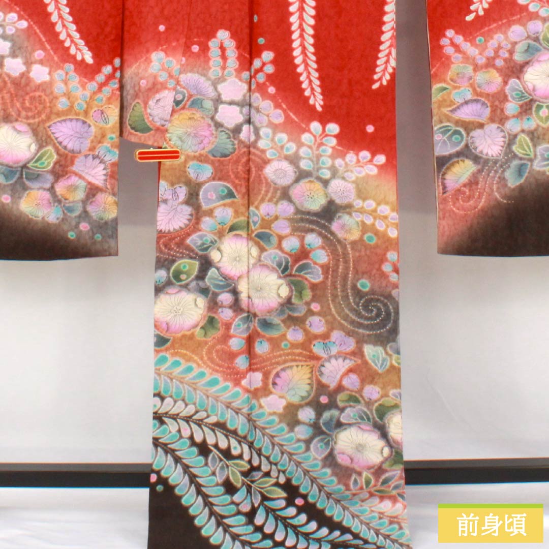 振袖 正絹 Sランク 身丈178cm 裄丈69cm 袷 濃紅葉色(こいもみじいろ) 銀通し 絞り 辻ヶ花 作家物 赤系 1113002712812