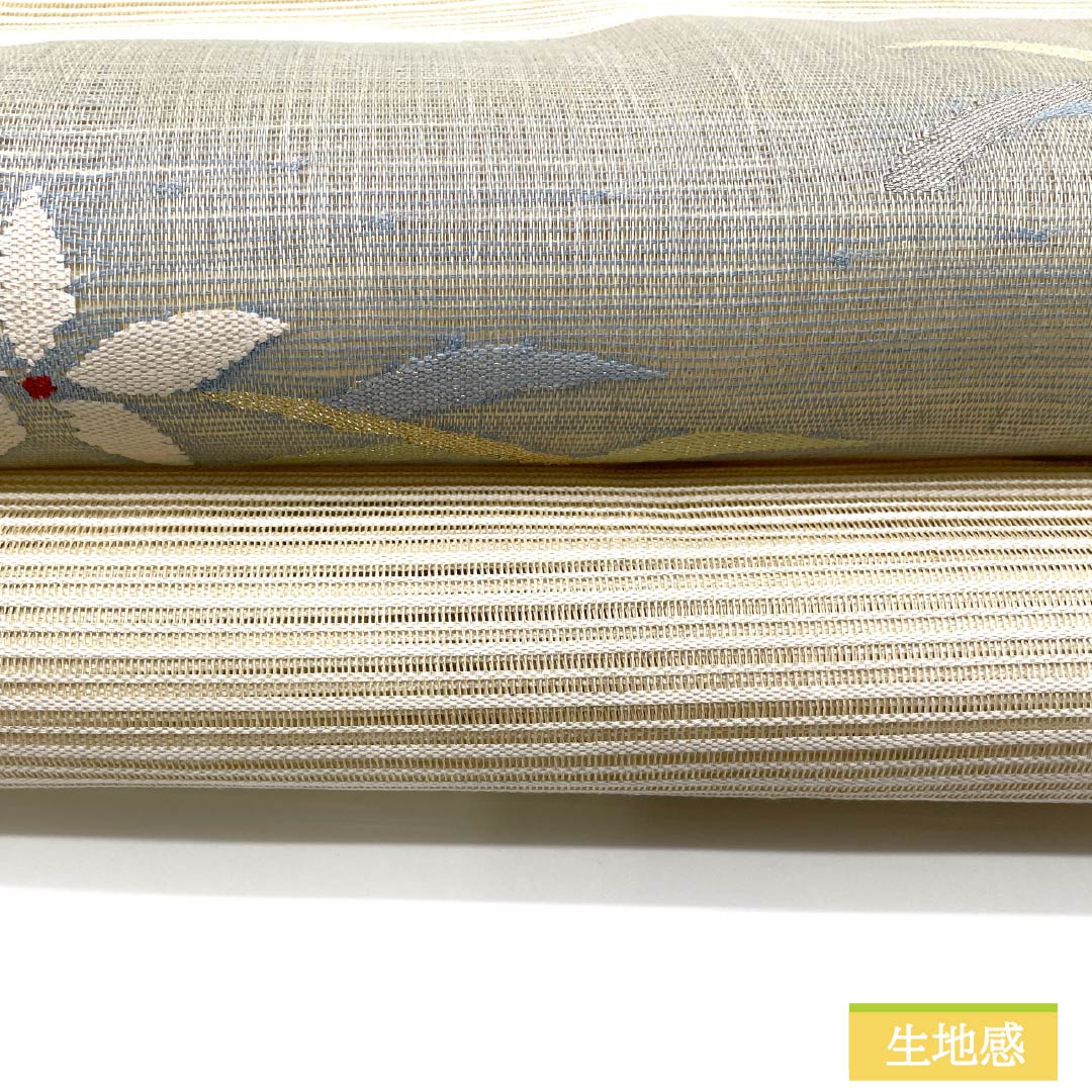 名古屋帯 正絹 生成り色(きなりいろ) 夏帯 すくい織 花模様 帯丈372cm Sランク ポイント柄 セミフォーマル クリーム系 1124008712315 松葉仕立て