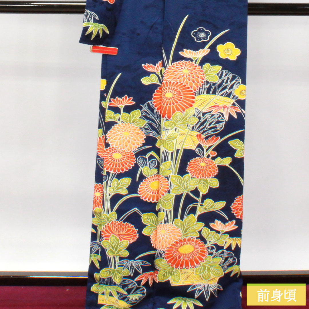 訪問着 正絹 袷 身丈168cm 裄丈63.5cm 濃桔梗色 京友禅 菊 梅 Aランク 紺系 1112003393518