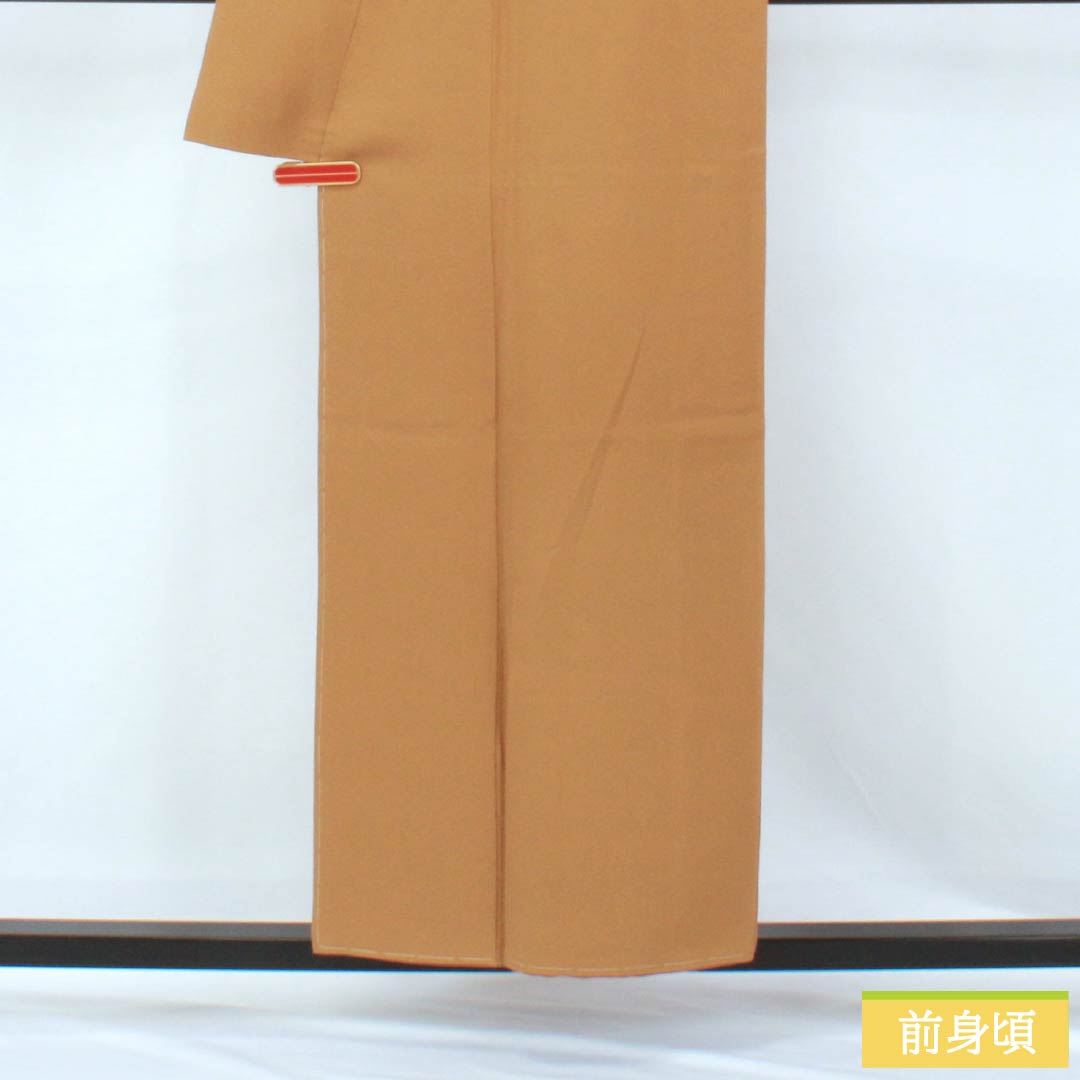 Solid-colored silk kimono, S-rank, length 153.5cm, sleeve length 60.5cm, orange-brown color, one crest, five-three paulownia pattern, pearl-tone finish, lined, orange-toned, product number 1114002452226