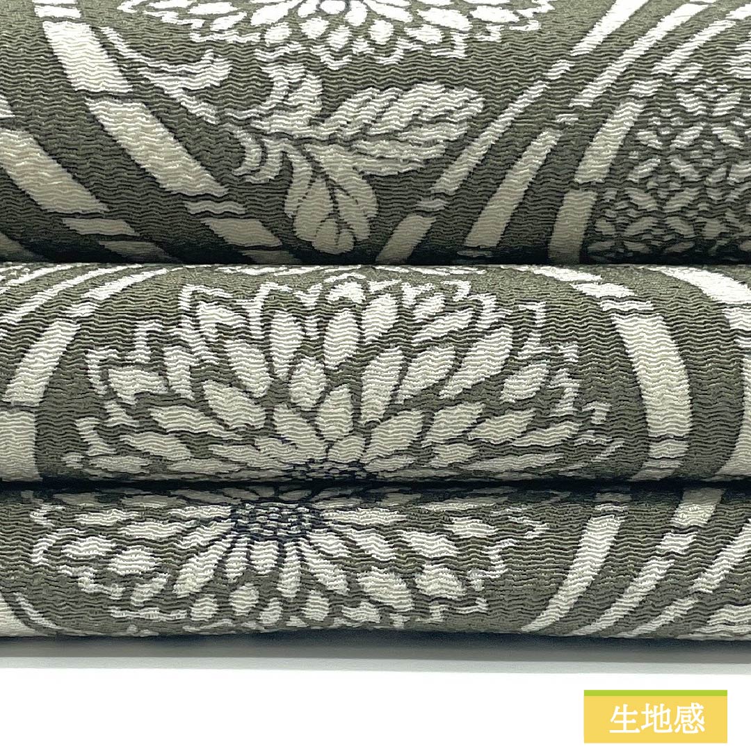 名古屋帯 正絹 Aランク 浮草鼠色(うきくさねずいろ) 型染 立涌 菊 帯丈368cm 全通 カジュアル 緑系 1124009683319 名古屋仕立て