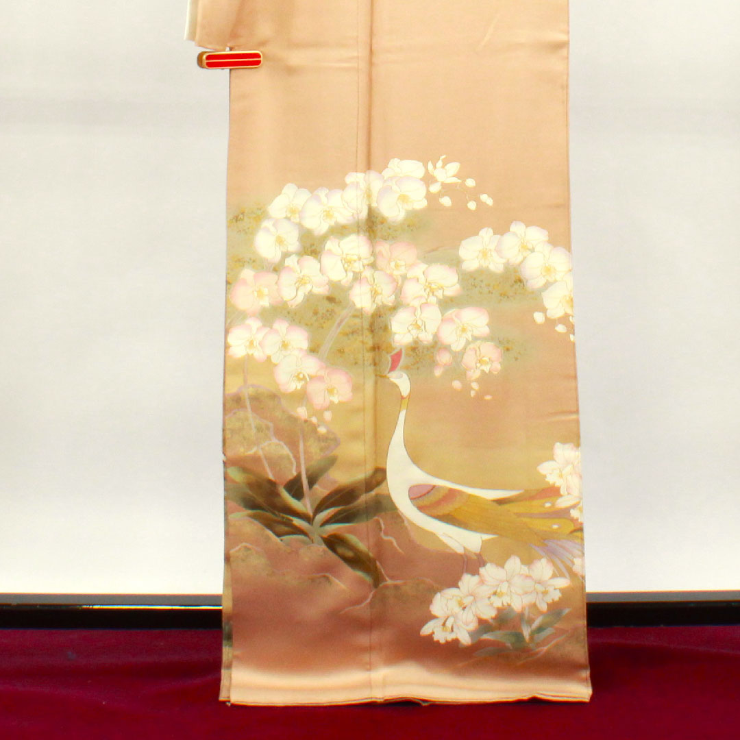 Colored Tomesode, Length 164.5cm, Sleeve Length 69cm, Lined, Walnut, Kyo-Yuzen, Peacock, Orchid, Three-Floor Diamond, Pure Silk, S Rank, One Crest, Beige, 1111001172425