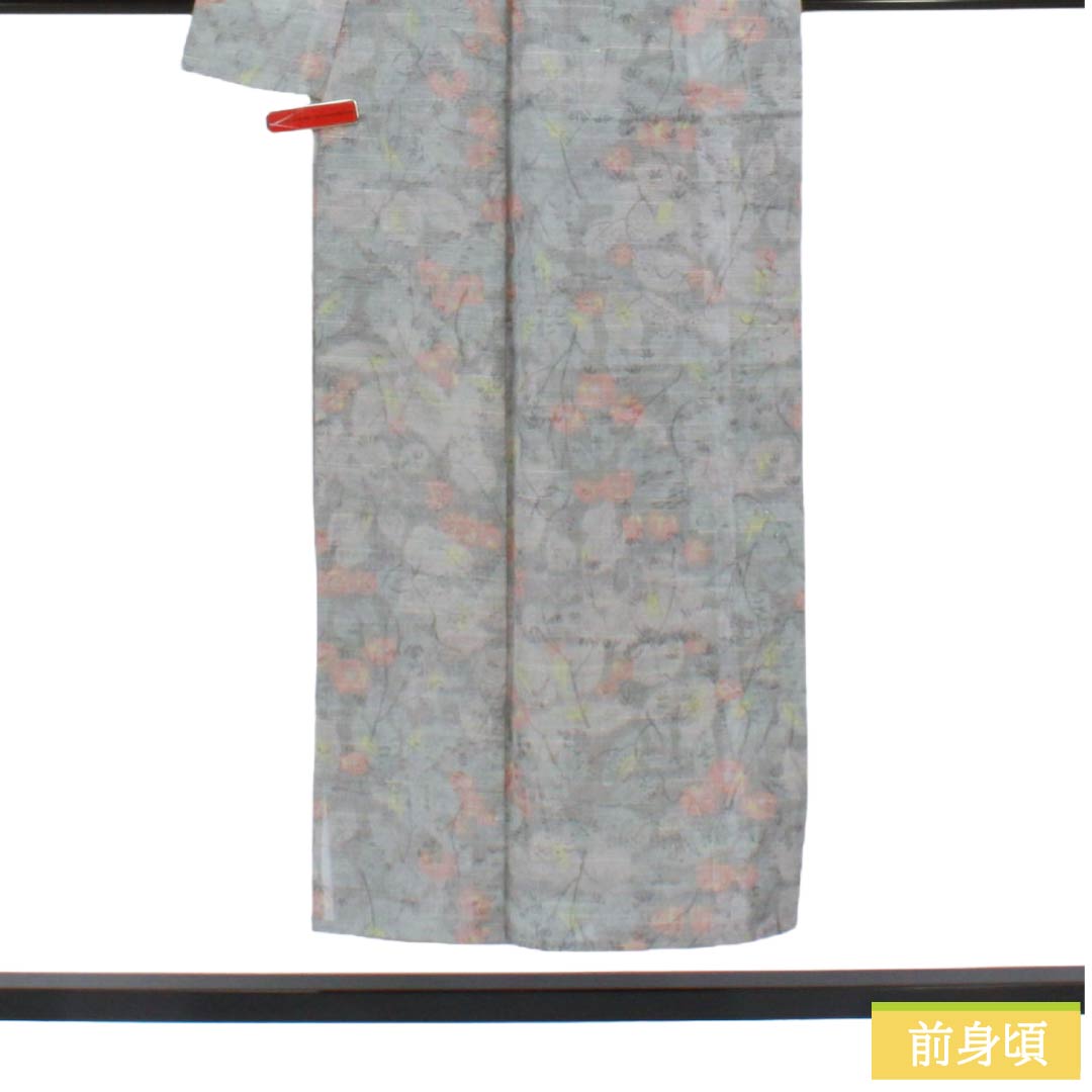 夏物 ポリエステル 紬 Aランク 身丈149cm 裄丈64cm 錫色(すずいろ) 洗える着物 草花模様 紗 グレー系 1132007043122