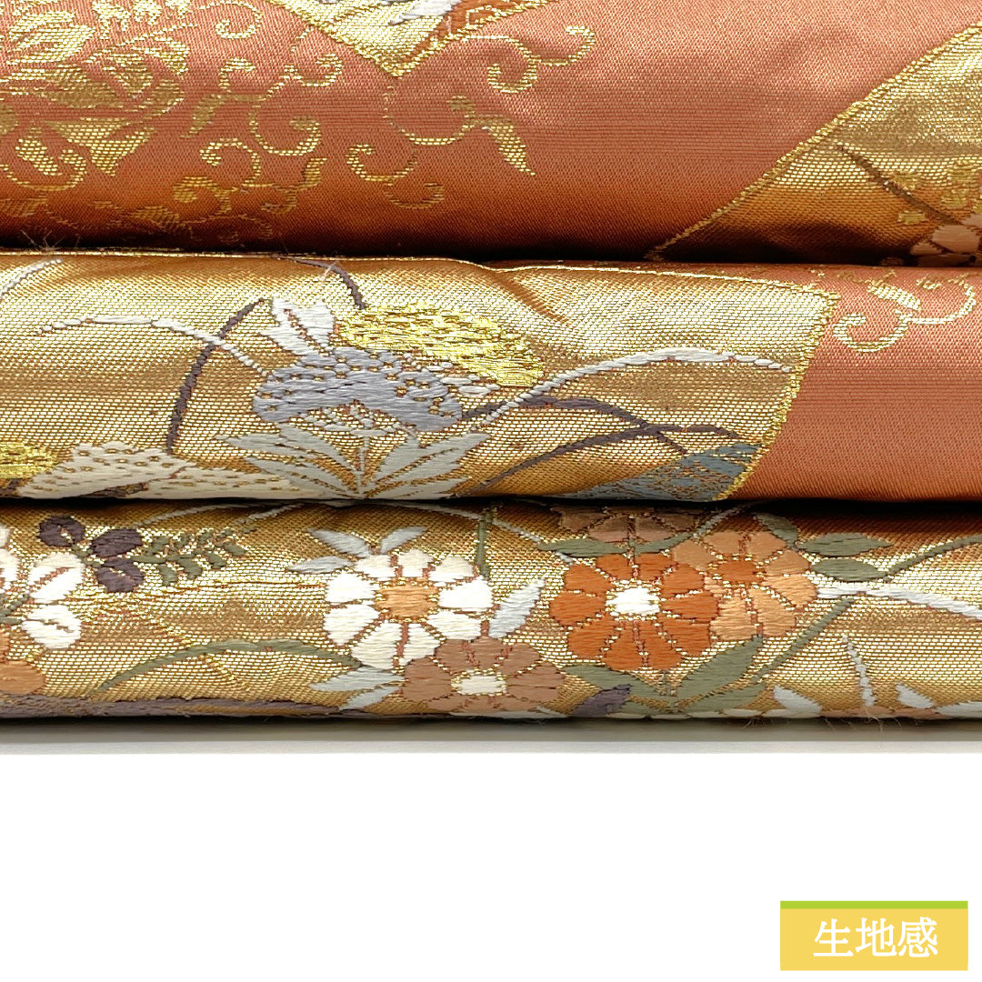 袋帯 正絹 Aランク 西陣織 扇面 草花模様 帯丈432cm 六通 フォーマル ピンク系 1123017253313