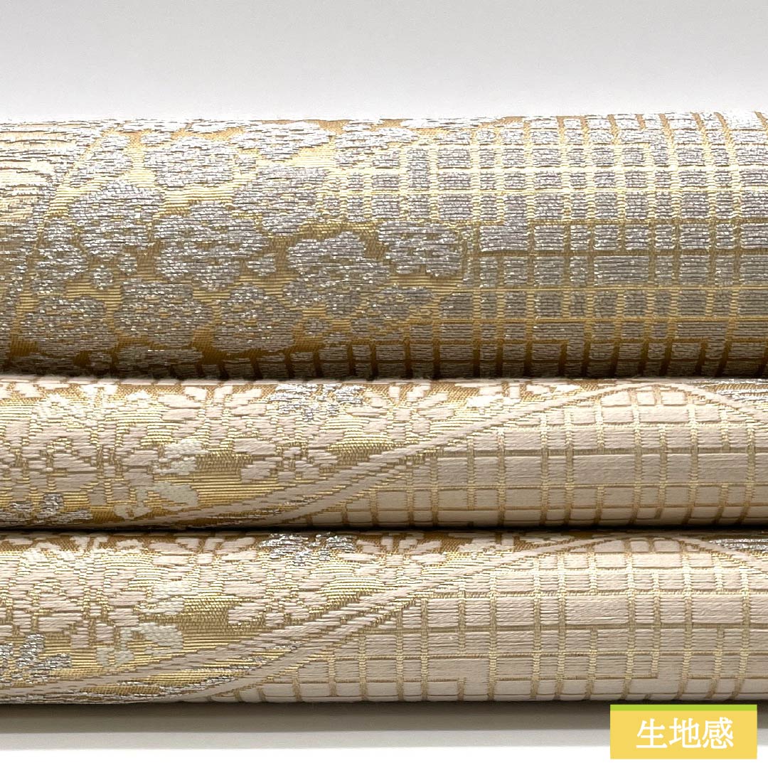 Formal, pure silk obi with a floral fan pattern and autumn leaves, perfect for formal wear with a gold accent. 428cm long, A-rank, six-fold hem. Product number: 1123014223321.