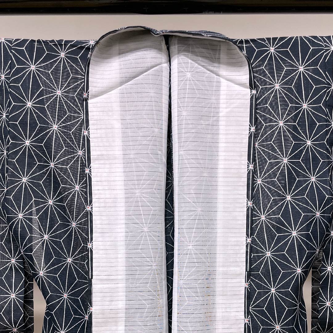 Summer polyester komon length 157.5cm sleeve length 61.5cm blue ink color hemp leaf silk S rank navy blue 1132000252318