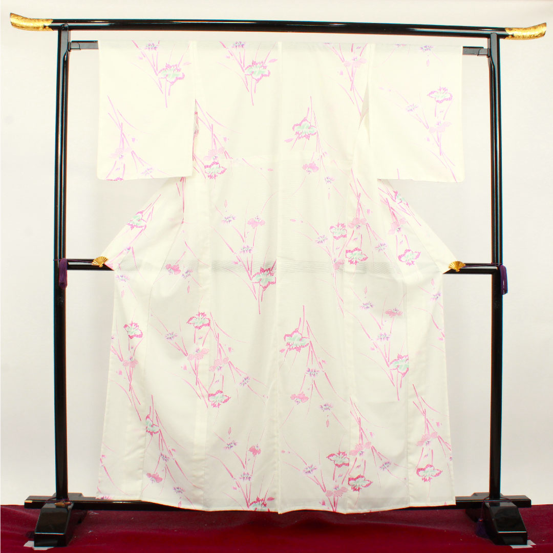 Summer item, polyester, small pattern, length 160.5cm, sleeve length 61.5cm, iris, basting thread included, unused item, silk gauze, S rank, white, 1132001362411