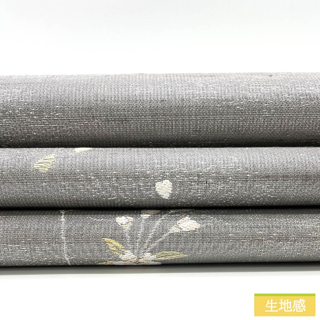 袋帯 正絹 錫色(すずいろ) 月 桜 帯丈450cm Sランク ポイント柄 フォーマル グレー系 1123014062422