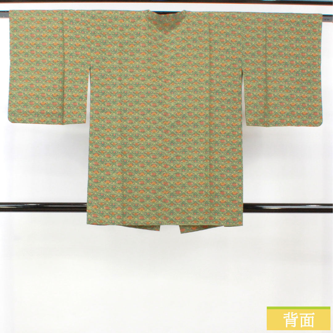 Michiyuki coat, pure silk, length 83.5cm, sleeve length 64cm, fan, flower pattern, S rank, lined, green, 1117001112919