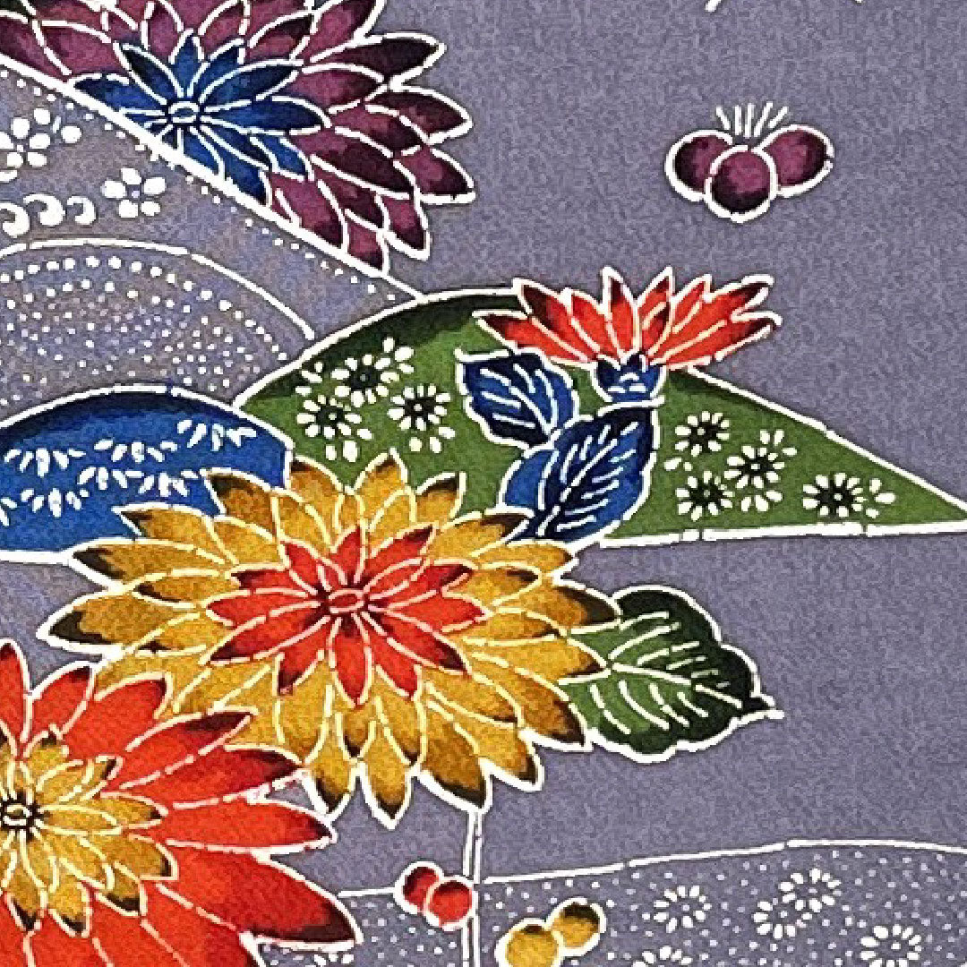 小紋 身丈158cm 裄丈66.5cm 袷 藤鳩羽色 型染 菊 正絹 Aランク 紫系 1115002413320