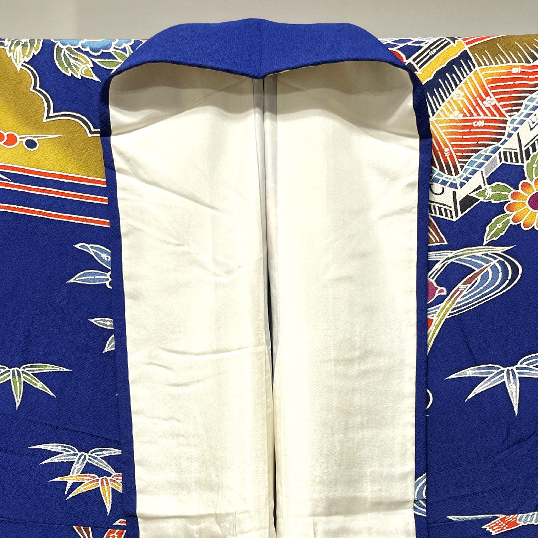 振袖 身丈167.5cm 裄丈68cm 袷 瑠璃色 京紅型 吉祥文様 正絹 Aランク 紺系 1113001773518