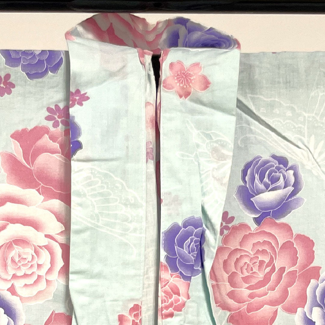 浴衣 藍白色 薔薇 桜 蝶 木綿 Aランク 単衣 身丈158.5cm 裄丈63.5cm 青系 1118001113317