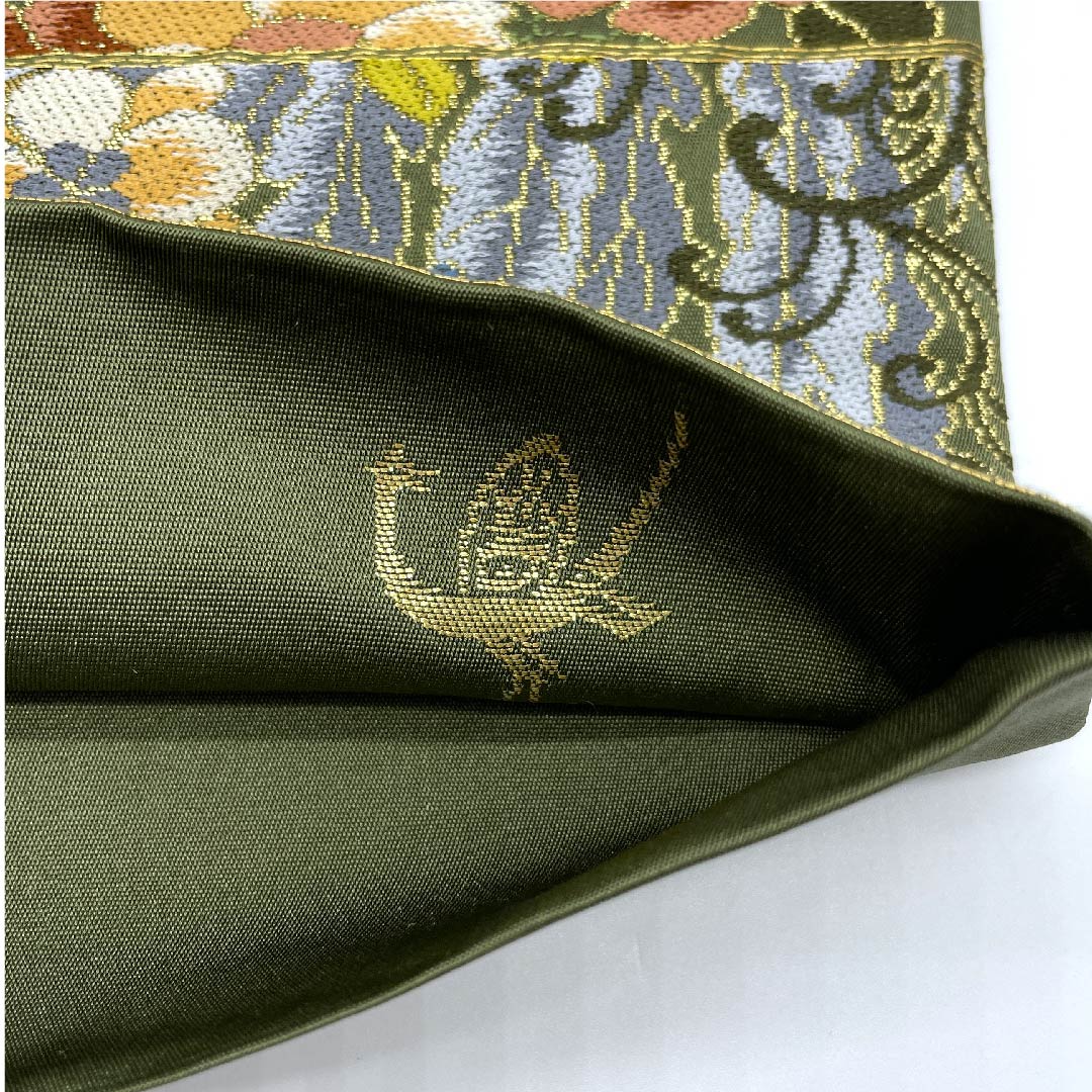 (未仕立)袋帯 松葉鼠色(まつばねずいろ) 白綾苑大庭 尾長鳥 蝶 花模様 帯丈431cm 正絹 Sランク 六通 セミフォーマル 緑系 1123008602319