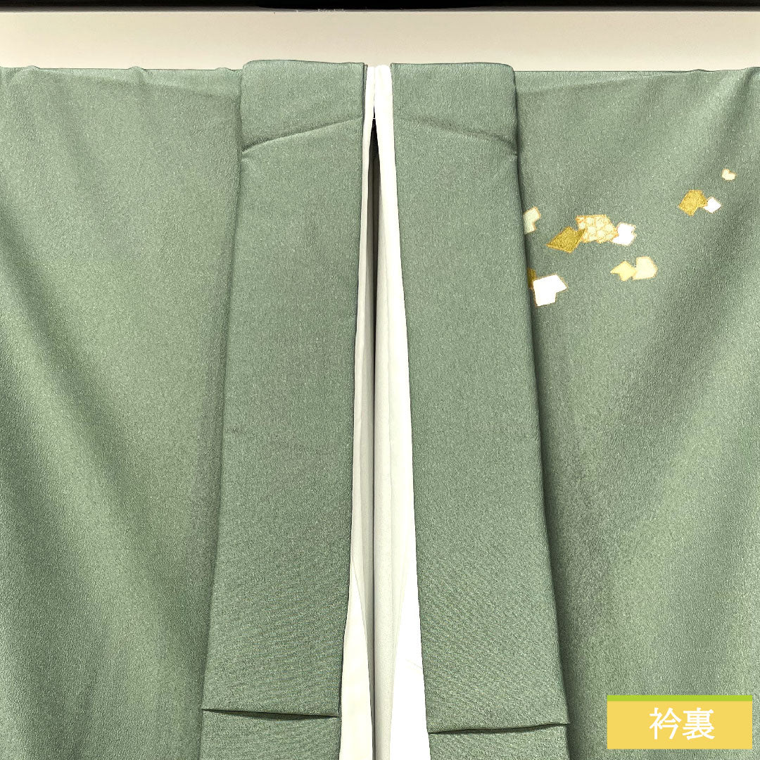 訪問着 ポリエステル 袷 身丈160.5cm 裄丈66cm 千種色(ちぐさいろ) 洗える着物 流水 Aランク 緑系 1112004603419