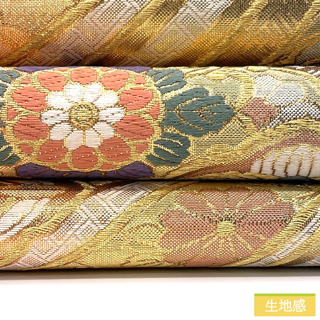 袋帯 正絹 Sランク 佐賀錦 振袖用 古典柄 鳳凰 五三の桐 帯丈432cm 六通 フォーマル 金系 1123015942321