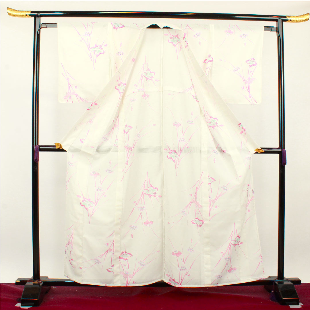 Summer item, polyester, small pattern, length 160.5cm, sleeve length 61.5cm, iris, basting thread included, unused item, silk gauze, S rank, white, 1132001362411