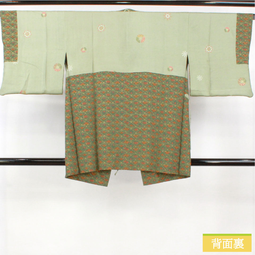 Michiyuki coat, pure silk, length 83.5cm, sleeve length 64cm, fan, flower pattern, S rank, lined, green, 1117001112919