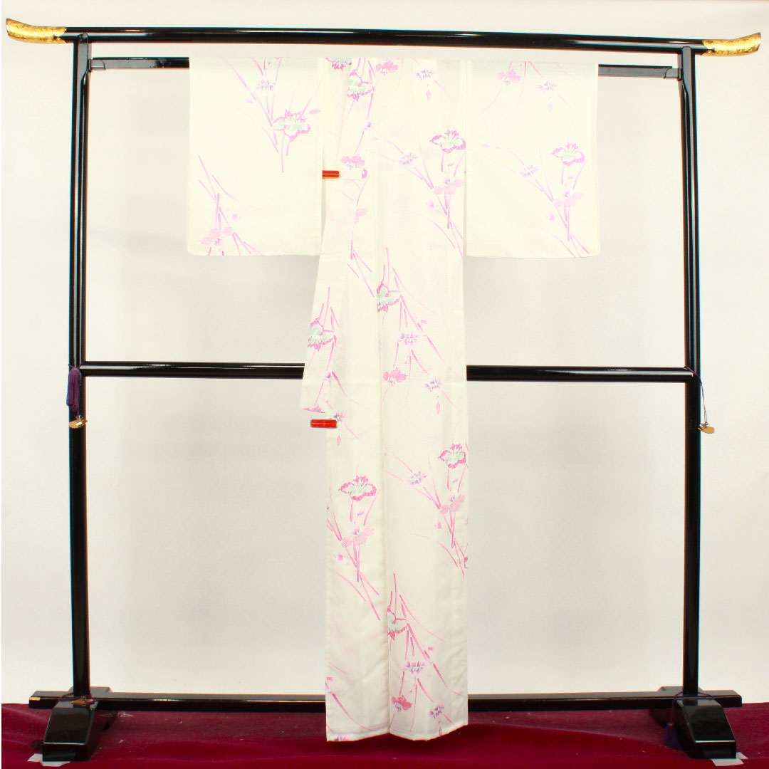 Summer item, polyester, small pattern, length 160.5cm, sleeve length 61.5cm, iris, basting thread included, unused item, silk gauze, S rank, white, 1132001362411