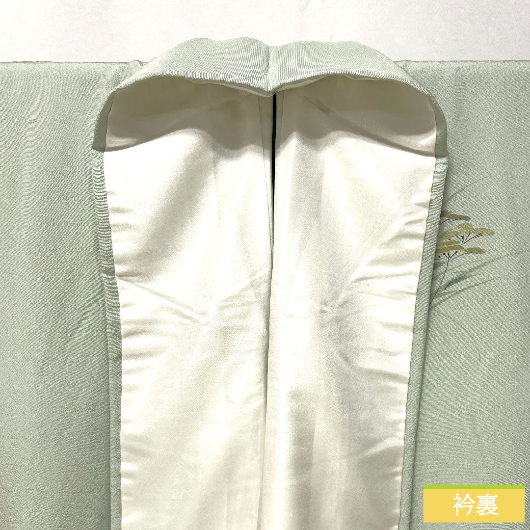 訪問着 正絹 袷 身丈155cm 裄丈65cm 白緑色(びゃくろくいろ) 草花模様 スコッチガード 付下げ Aランク 水色系 1112005453324