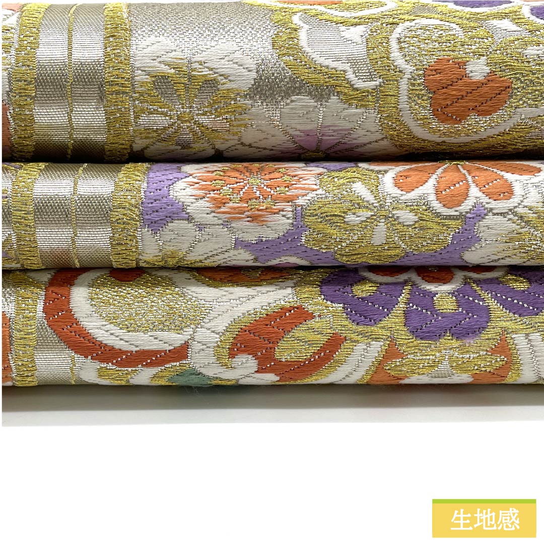 袋帯 正絹 生成り色(きなりいろ) 華文 七宝 桜 菊 帯丈444cm Aランク 六通 フォーマル 銀系 1123012103322