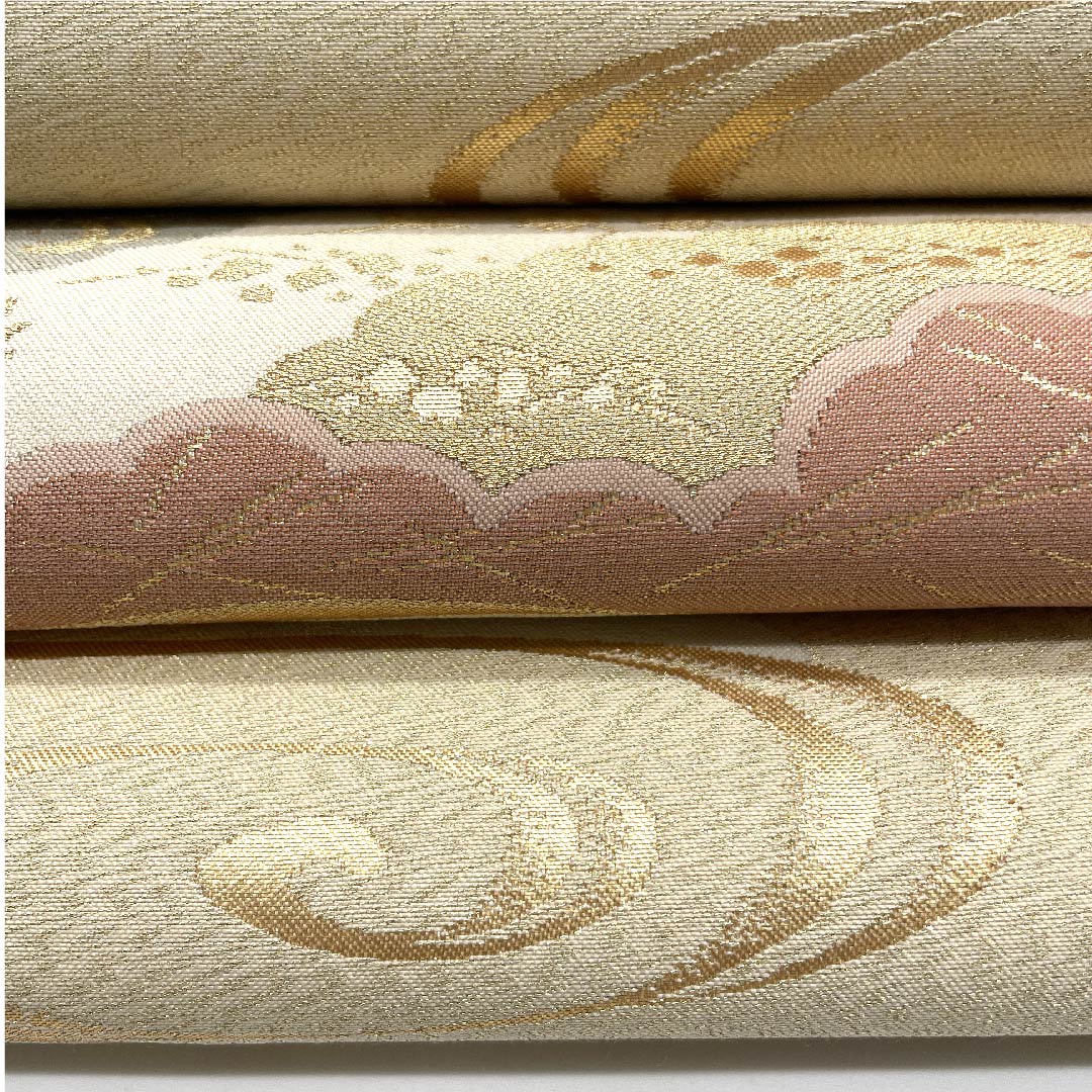 Fukuro obi (torinoko color) Kanze Ryusui (water flowing stream), fan surface, auspicious motif, obi length 436cm, pure silk, A rank, point pattern, formal, cream color, 1123007923315