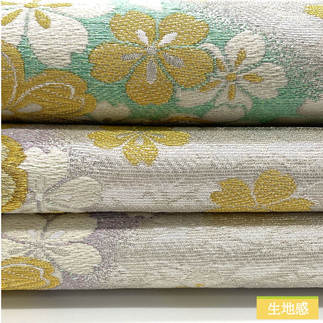 袋帯 正絹 銀白色色(ぎんはくしょくいろ) 桜 帯丈450cm Aランク 六通 フォーマル 銀系 1123012133422