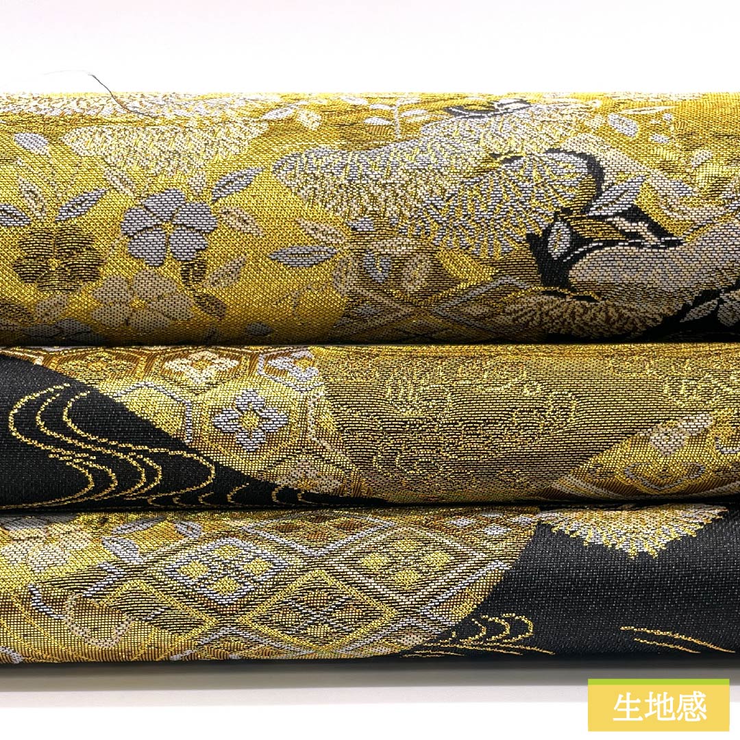 袋帯 ポリエステル 観世流水 花菱 貝合わせ 吉祥文様 御所車 帯丈434cm Sランク 六通 フォーマル 黒系 1123014232310