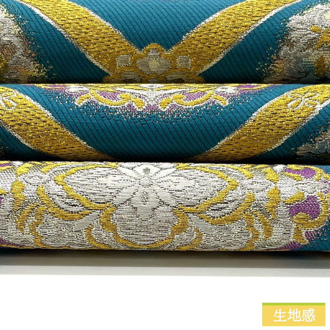 (未仕立)袋帯 正絹 濃浅葱色(こいあさぎいろ) 振袖用 菱 華文 帯丈424cm Sランク 六通 フォーマル 青系 1123013642317
