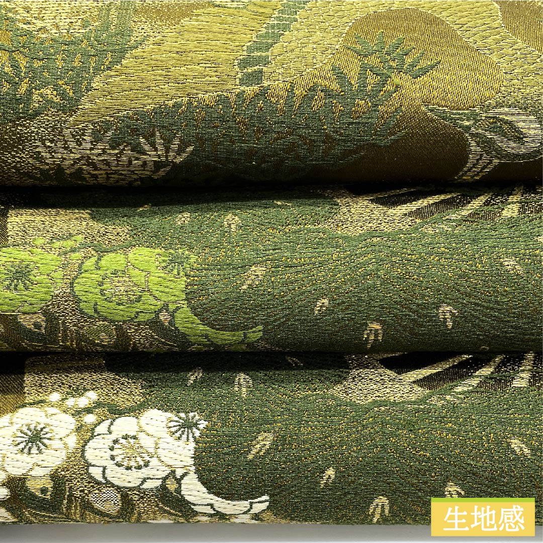 袋帯 正絹 路考茶色(ろこうちゃいろ) 丸帯 孔雀 松竹梅 扇面 帯丈394cm Sランク 全通 フォーマル 黄系 1123011282323