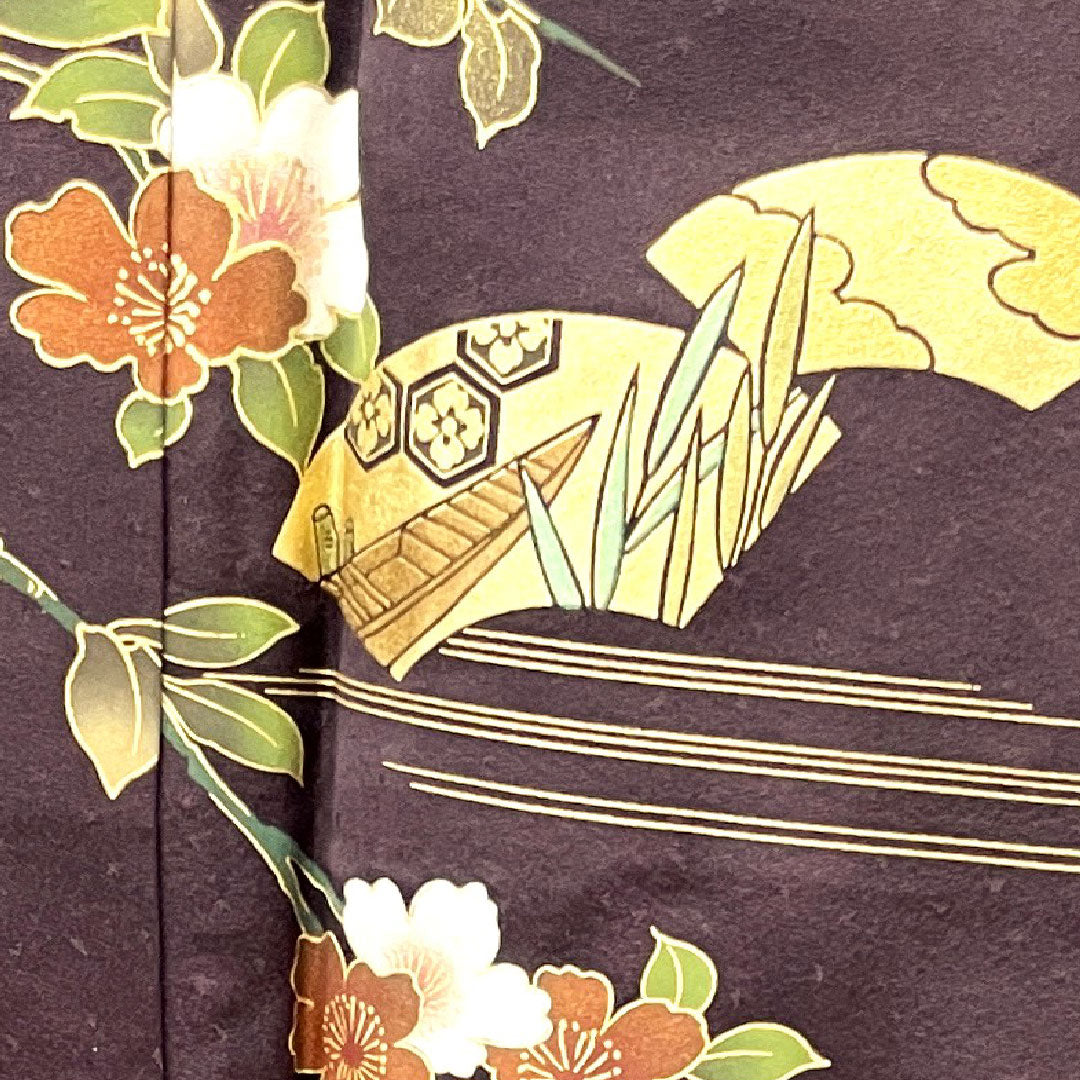 訪問着 袷 身丈160.5cm 裄丈65cm しつけ糸付き 深紫色 京友禅 草花模様 正絹 Aランク 紫系 1112002413420