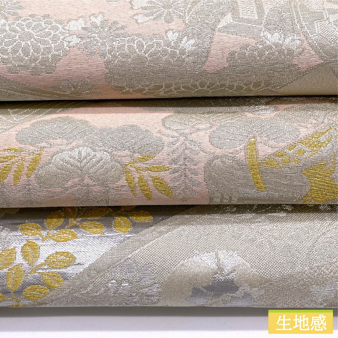 (未仕立)袋帯 胡粉色(ごふんいろ) 扇面 御所車 菊 秀峰 帯丈404cm 正絹 Sランク 六通 フォーマル 白系 1123010252311