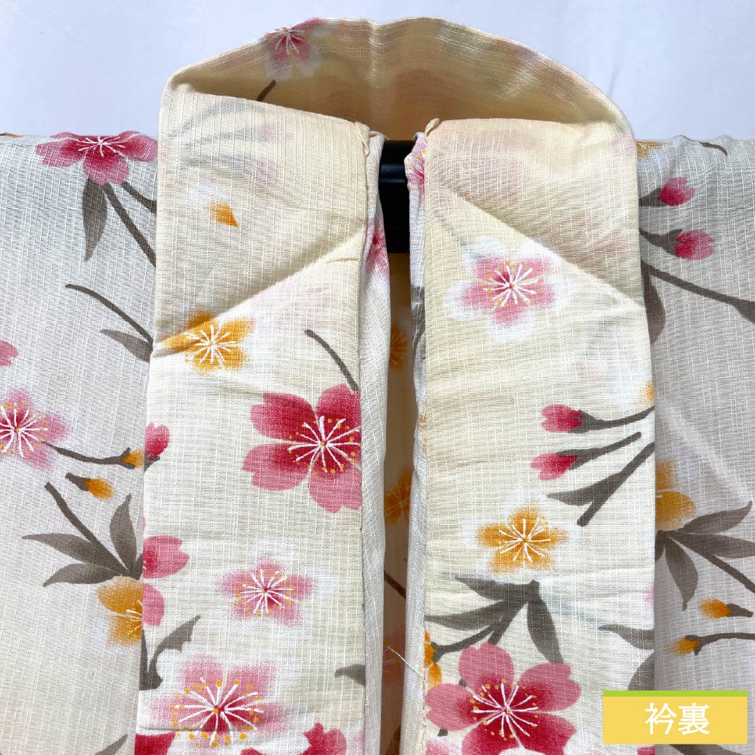 浴衣 木綿 身丈160cm 裄丈66.5cm Aランク 単衣 クリーム系 東京白茶色(とうきょうしらちゃいろ) 桜 1118006033415