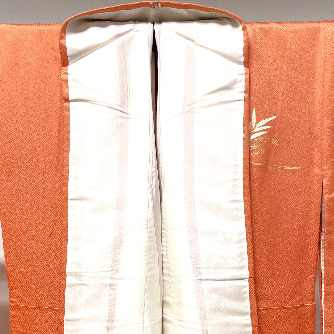 Homongi, pure silk, lined, length 161cm, sleeve length 63cm, coral color, Kyo-Yuzen, chrysanthemum, pine, A rank, orange, 1112002913426