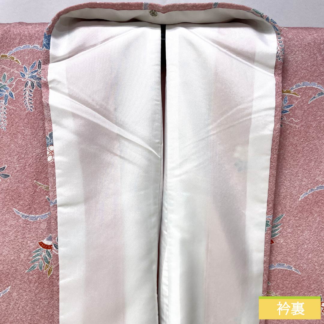 小紋 ポリエステル 身丈165cm 裄丈64cm 袷 一斤染色(いっこんぞめいろ) 洗える着物 草花 Sランク ピンク系 1115005182513