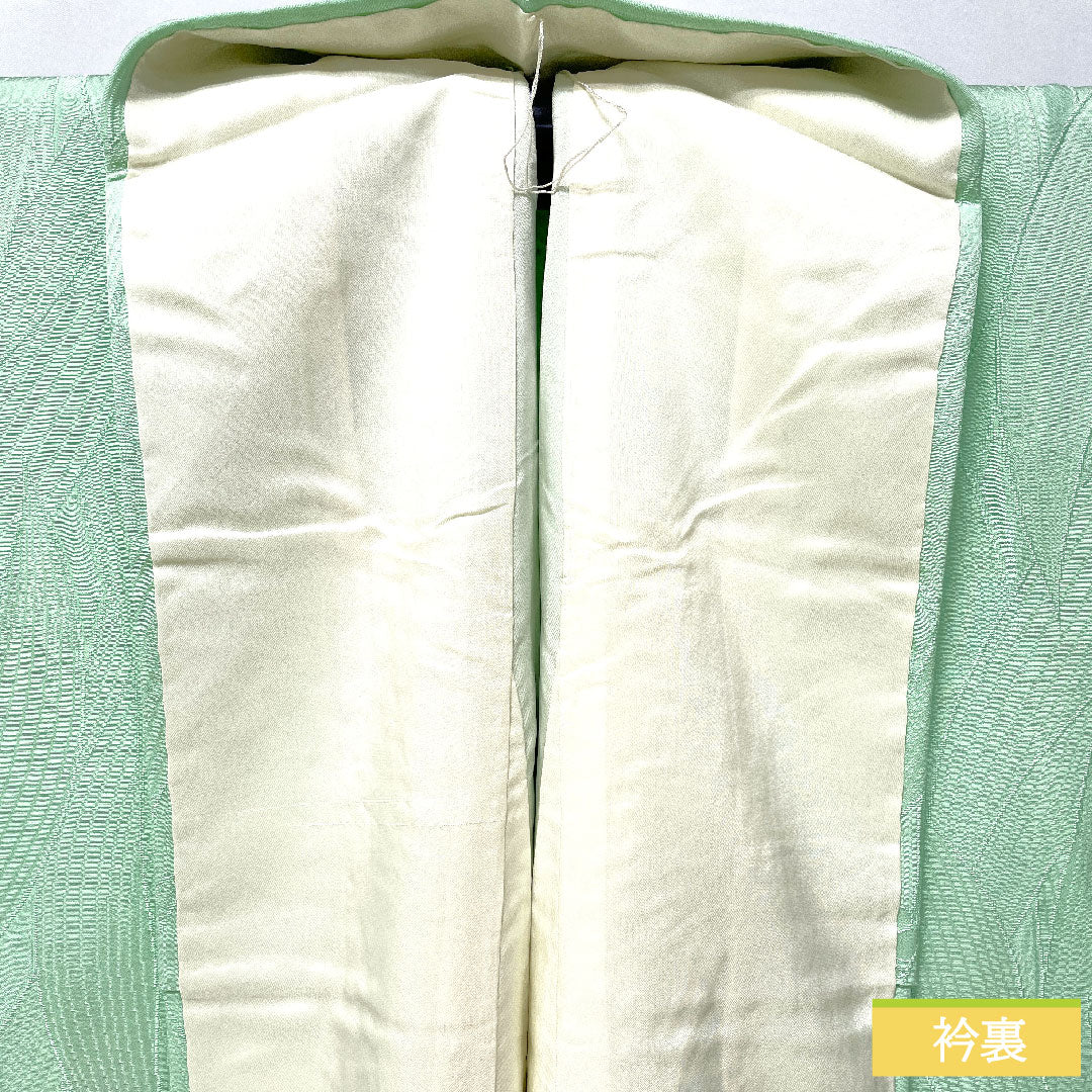 色無地 正絹 身丈155cm 裄丈62cm 綸子 一つ紋 大割抱き茗荷 袷 Aランク 緑系 1114001853319