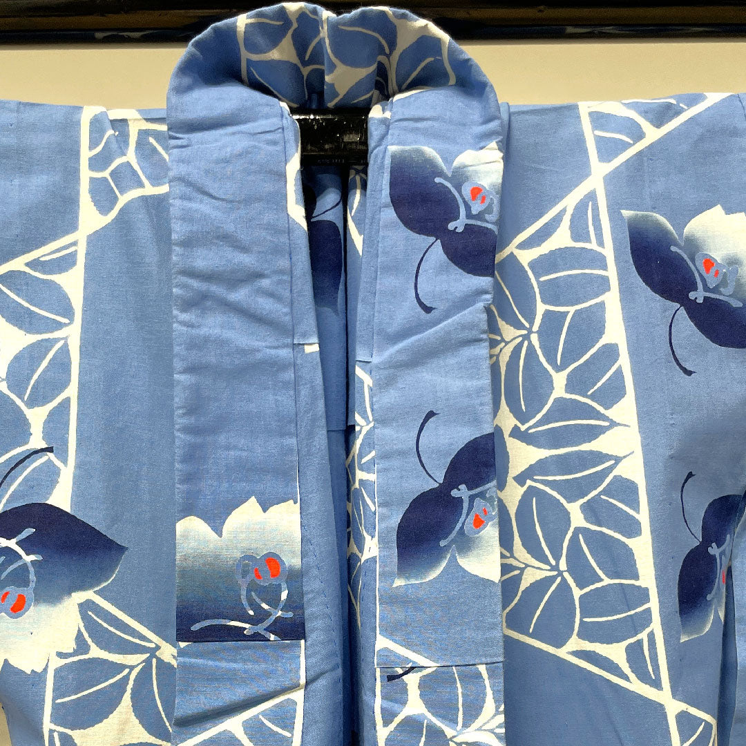 浴衣 空色 草花模様 木綿 Sランク 単衣 身丈150.5cm 裄丈64cm 水色系 1118002562124
