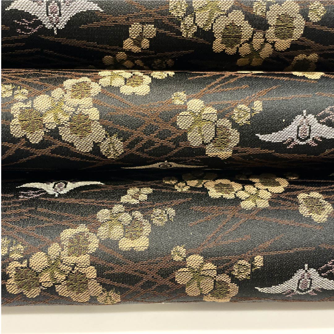 袋帯 黒色 松 梅 鳥 帯丈454cm 正絹 Sランク 全通 カジュアル 黒系 1123002852410
