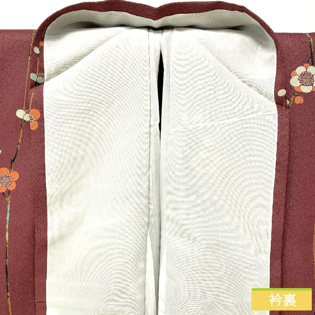 小紋 ポリエステル 身丈162cm 裄丈65.5cm 袷 紫土色(しどいろ) 洗える着物 梅 しつけ糸付き Aランク 紫系 1115004853420