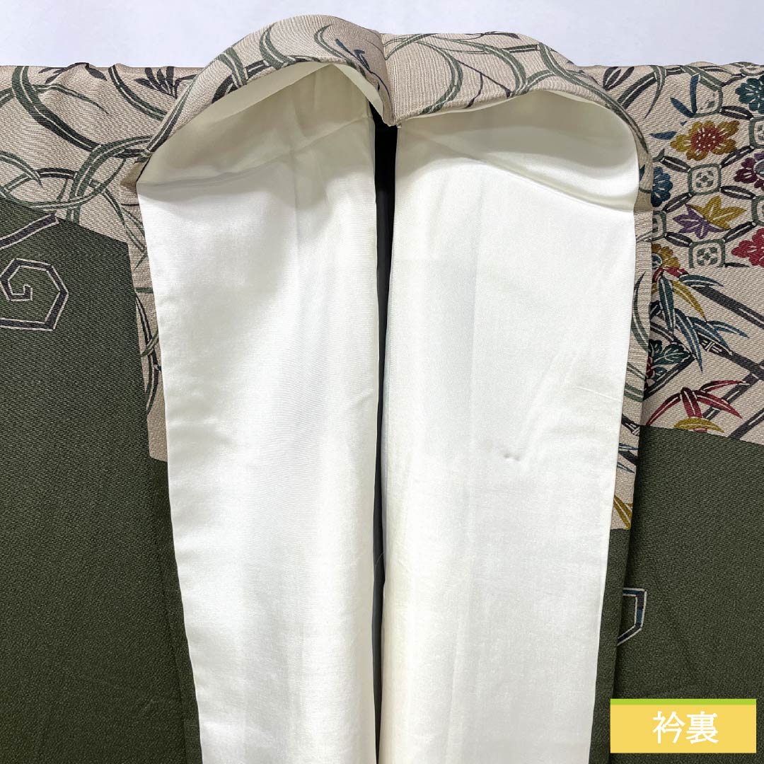 訪問着 正絹 Sランク 袷 身丈168cm 裄丈69.5cm 藍海松茶色(あいみるちゃいろ) 京紅型 紅型調 草花 渦巻き 緑系 1112006652519