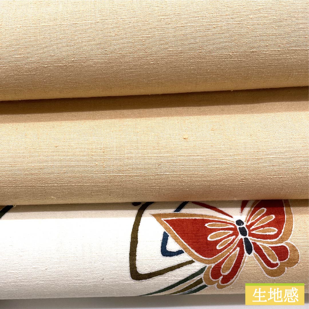 袋帯 薄柿色(うすがきいろ) 蝶 染め帯 紬地 帯丈462cm 正絹 Sランク ポイント柄 カジュアル 橙系 1123010622426