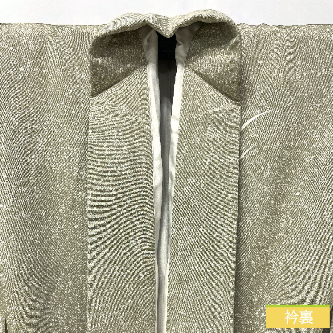 訪問着 正絹 袷 身丈157.5cm 裄丈62cm 蠟色(ろういろ) タタキ染 京友禅 菊 菖蒲 一つ紋 Sランク 緑系 1112005252319