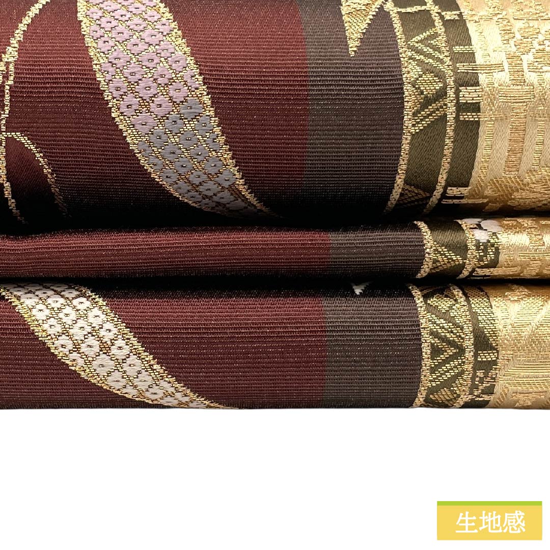 袋帯 正絹 Sランク 赤銅色(しゃくどういろ) 西陣織 縞 笹 帯丈442cm 六通 セミフォーマル 茶系 1123017622314