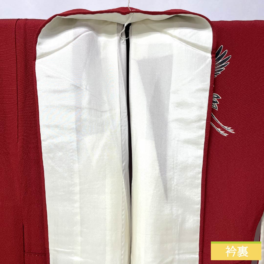 振袖 正絹 Sランク 身丈161.5cm 裄丈63.5cm 袷 生臙脂色(しょうえんじいろ) 京紅型 鶴 流水 桜 菖蒲 赤系 1113002372412