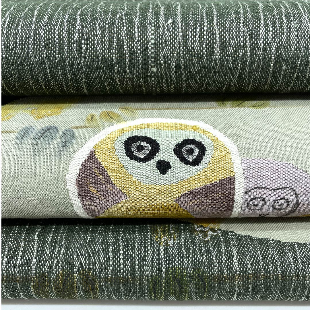 Fukuro Obi (blackish green obi) with an owl, obi length 460cm, pure silk, S rank, point pattern, casual, green, 1123008932419