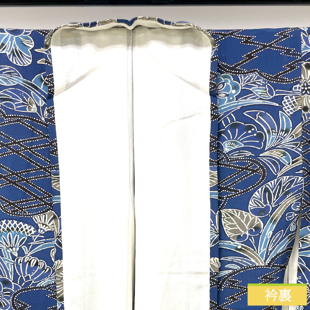 Komon, pure silk, length 156cm, sleeve length 64cm, lined, navy blue, Kyoto Bingata, auspicious motif, A rank, navy blue, 1115004283318