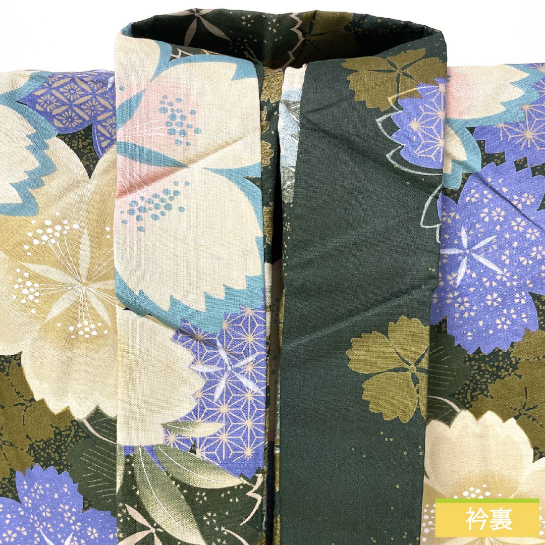 浴衣 木綿 身丈162.5cm 裄丈67cm Sランク 単衣 緑系 暗緑色(あんりょくしょく) 桜 1118006002419