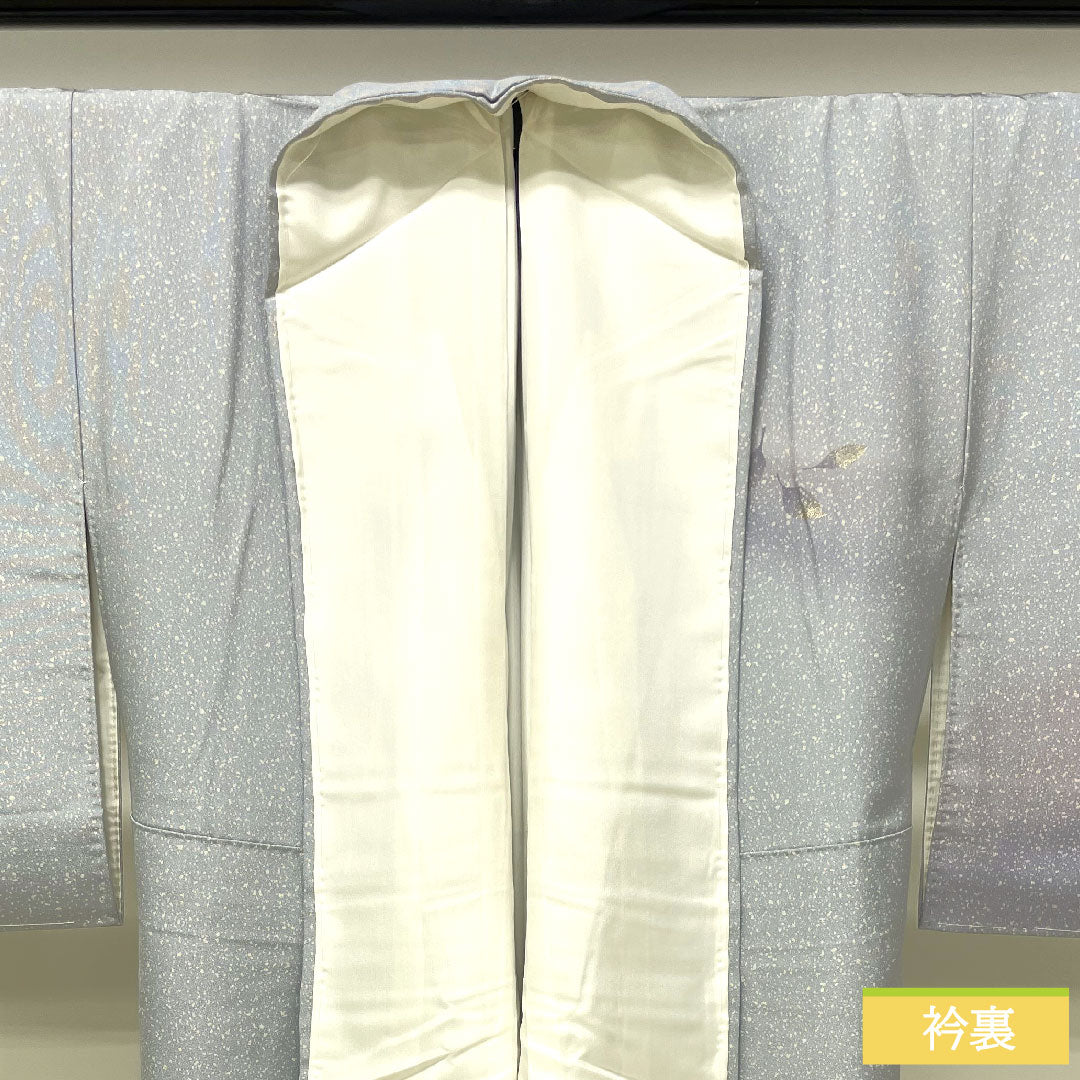 Homongi, pure silk, lined, length 156.5cm, sleeve length 63cm, cupronickel color, taped dye, leaf pattern, with basting thread, unused, S rank, gray, 1112003612322